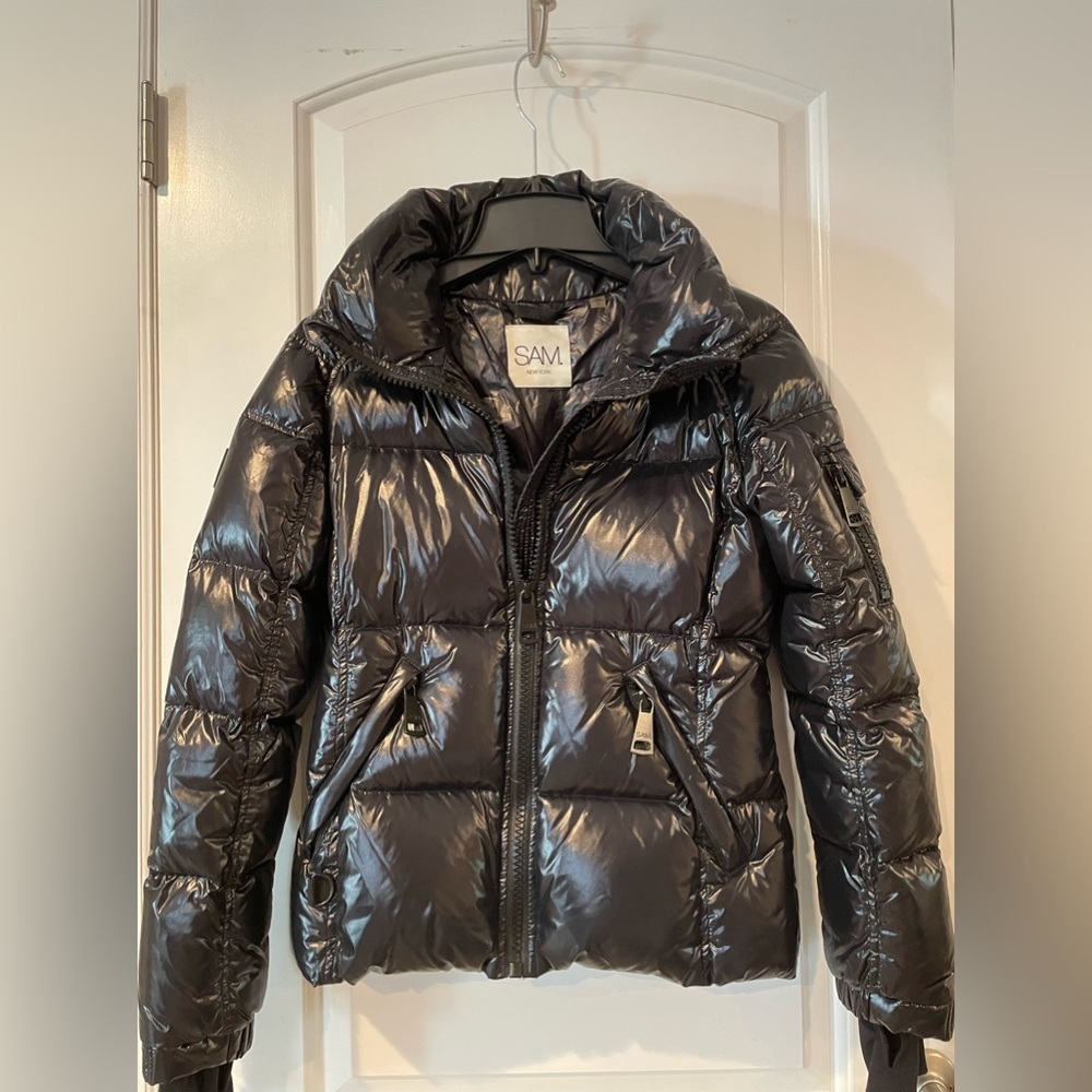 SAM. Shiny Black Puffer Jacket with High Collar size small - Picture 3 of 13
